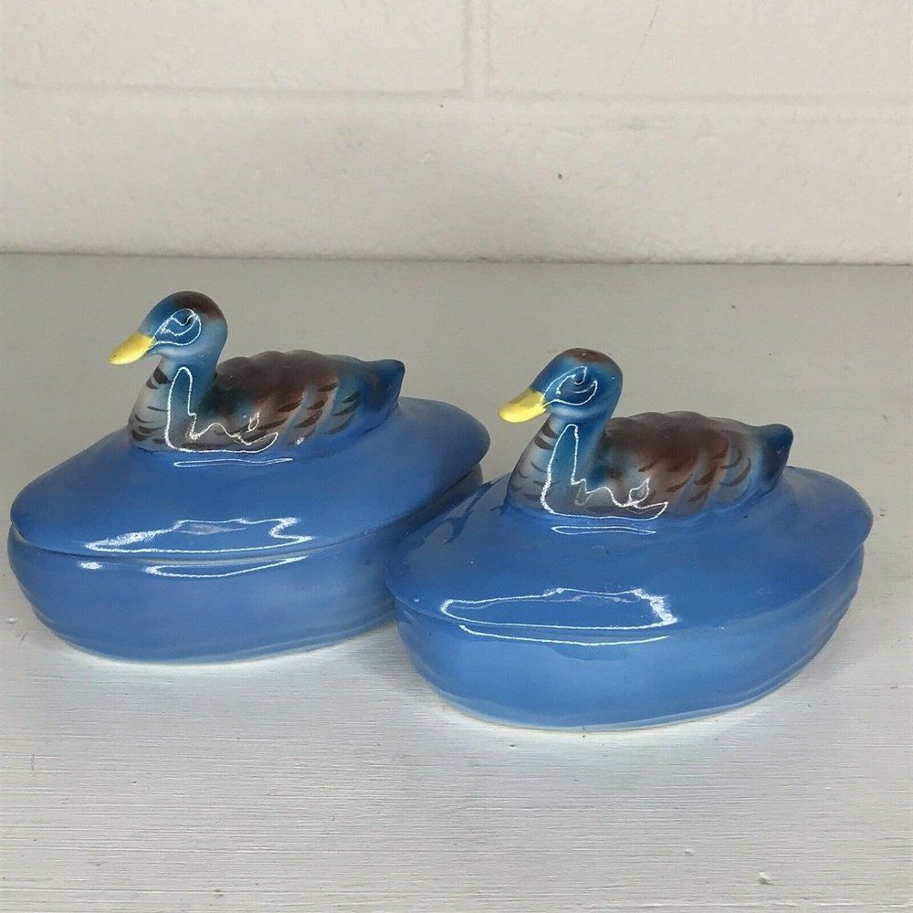 PV Porcelain Blue DUCK Trinket Dish SET OF TWO (2) Made in England UNIQUE!!